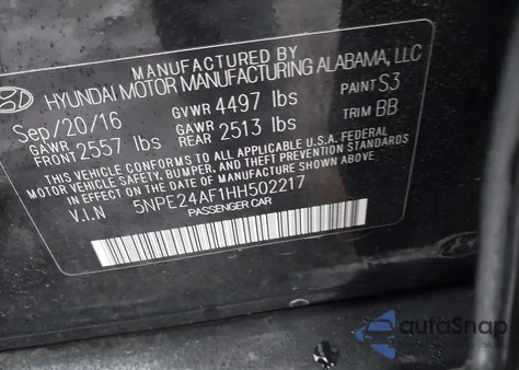 2017 Hyundai Sonata Se z USA, uszkodzony, nr VIN 5NPE24AF1HH502217